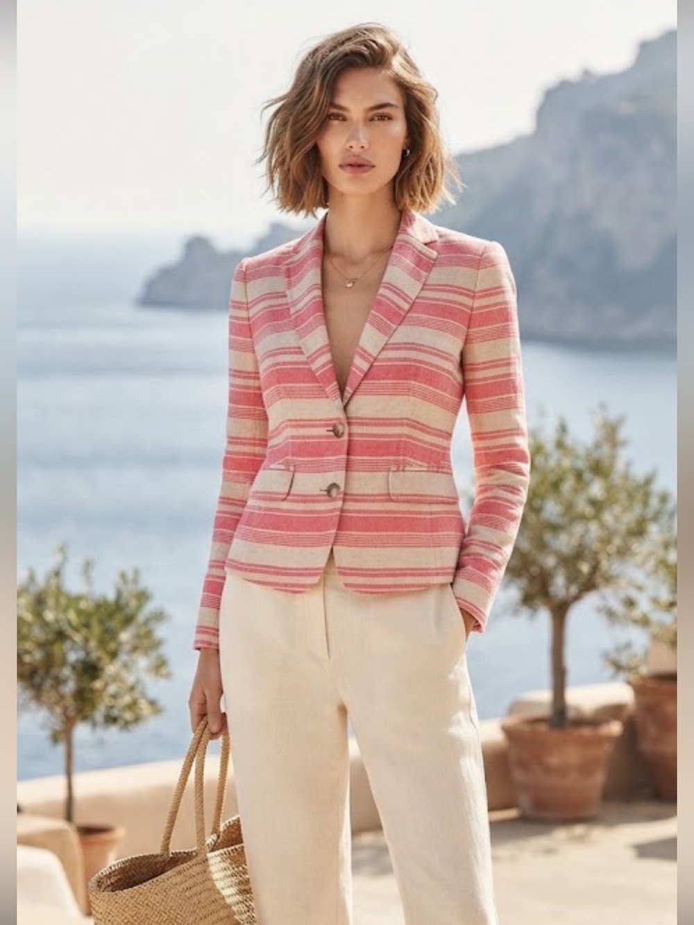 Ann Taylor Loft Striped Linen Blend Cropped Blazer Size 2